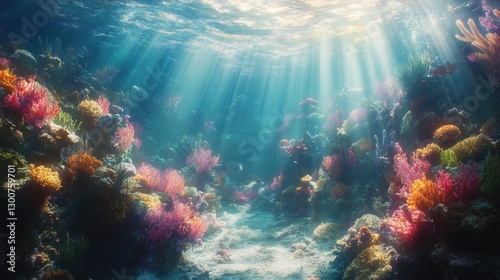 Wallpaper Mural A dynamic underwater shot of a coral reef alive with colorful marine life, with sunlight beams adding a magical glow to the scene Torontodigital.ca