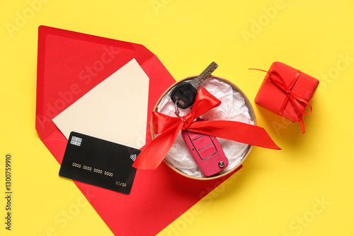 Gift boxes with keys of new car, envelope and credit card on yellow background