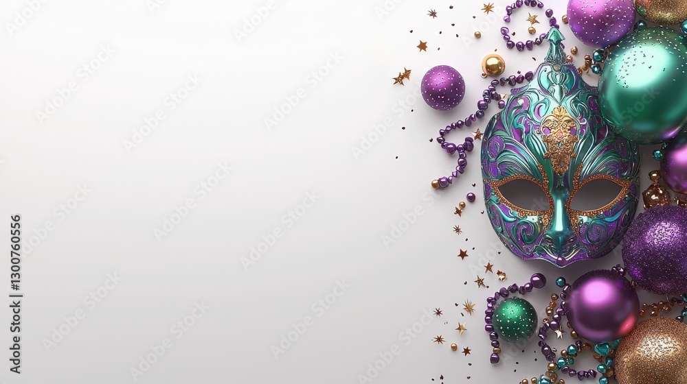 Obraz premium Elegant Mardi Gras Mask with Beads and Sparkling Decorations on White Background
