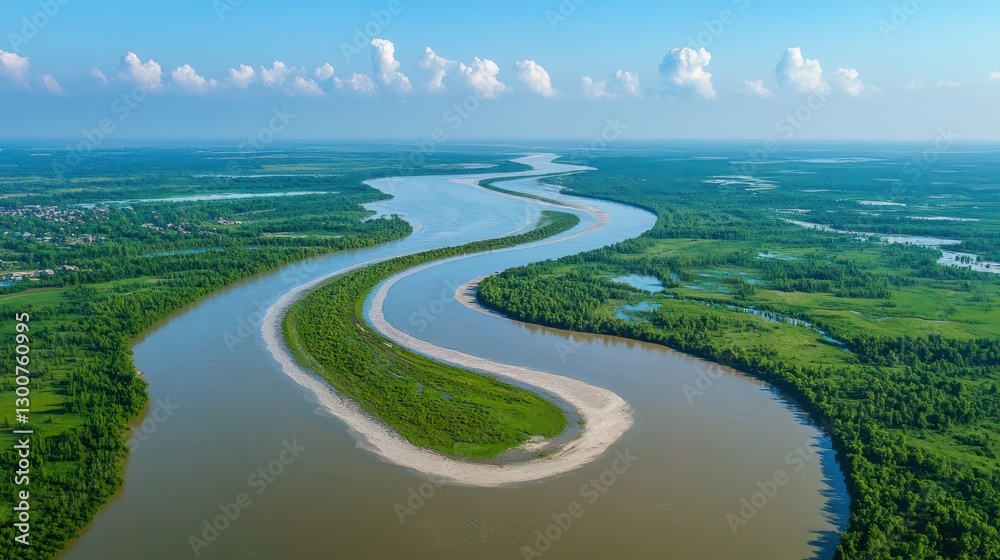Aerial view of a meandering river flowing through lush green landscape. Aerial view of a meandering river flowing through lush green landscape.