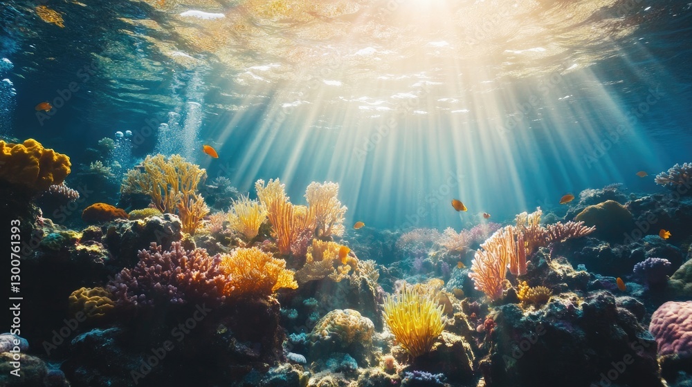 A serene underwater coral reef scene with bright marine life, colorful coral, and sunlight rays creating a glowing, magical atmosphere A serene underwater coral reef scene with bright marine life, colorful coral, and sunlight rays creating a glowing, magical atmosphere