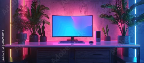 Modern workspace with a curved monitor, plants and neon lights on a desk.