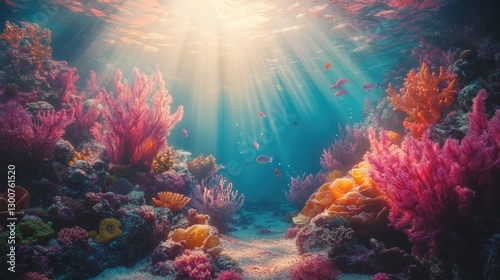 Obraz na płótnie A serene underwater coral reef scene with bright marine life, colorful coral, and sunlight rays creating a glowing, magical atmosphere w salonie