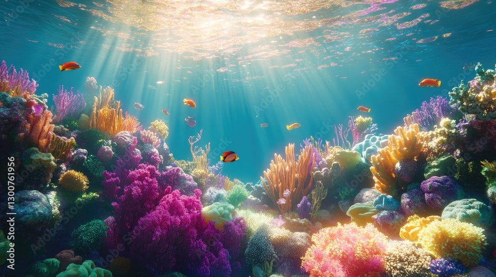 Naklejka premium A serene underwater coral reef with vivid coral, tropical fish, and rays of golden sunlight illuminating the vibrant marine ecosystem