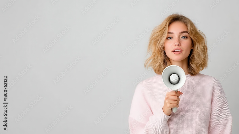 An empowered woman holding a megaphone, embodying the ideals of feminism and leadership, stands alone against a white backdrop. An empowered woman holding a megaphone, embodying the ideals of feminism and leadership, stands alone against a white backdrop.