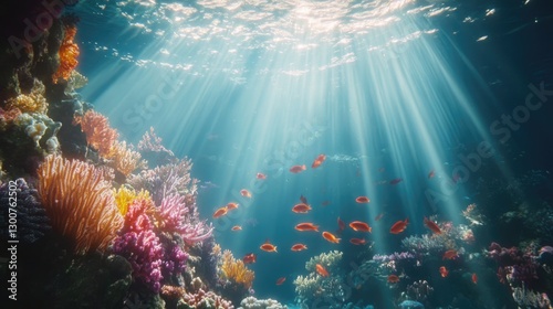 A stunning underwater scene of a coral reef filled with bright coral, tropical fish, and glowing beams of sunlight piercing the clear water