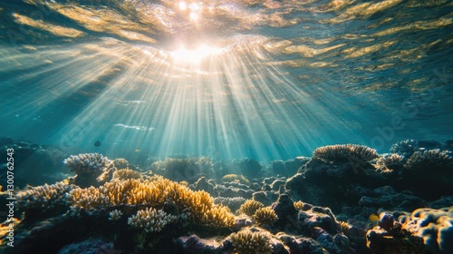 A stunning underwater scene of a coral reef filled with bright coral, tropical fish, and glowing beams of sunlight piercing the clear water