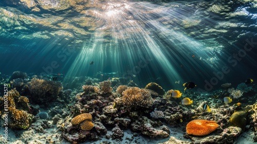 A stunning underwater scene of a coral reef filled with bright coral, tropical fish, and glowing beams of sunlight piercing the clear water