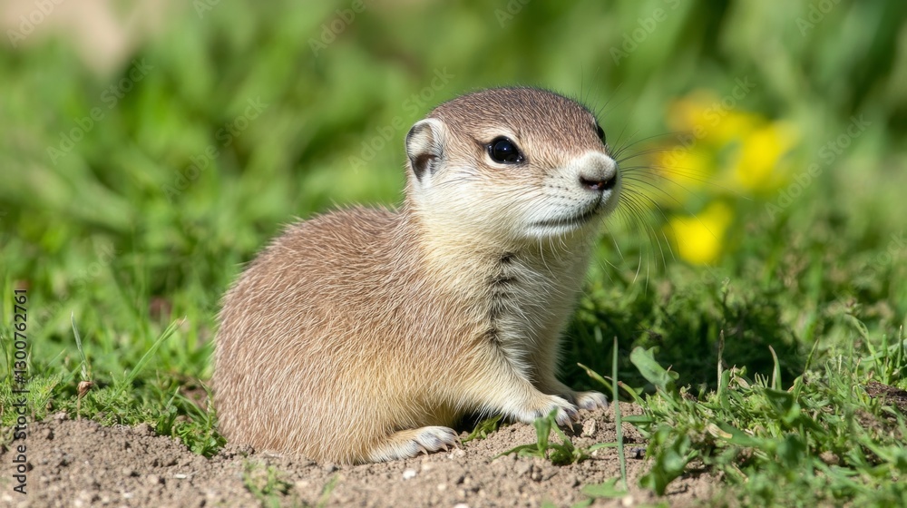 Fototapeta premium Adorable baby ground squirrel in lush green field close-up