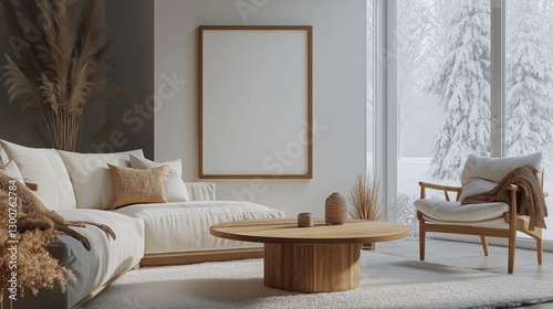 Mesa baja redonda de madera cerca del sofá y sillón contra la ventana y la pared con un marco de póster en blanco. Diseño interior escandinavo de sala de estar moderna.