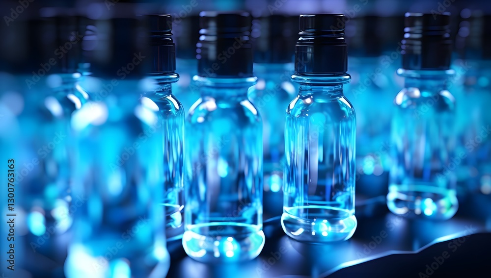 Glass bottles in a rack blue color. Sleeve of empty glass bottles with liquid inside. Glass bottles in a rack blue color. Sleeve of empty glass bottles with liquid inside.