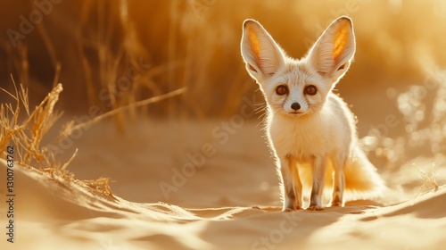 Fennec fox in golden desert light with large ears standing on sand dunes