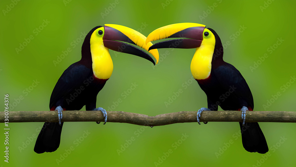 Fototapeta premium A pair of toucans perched on a branch, their beaks touching in an affectionate gesture