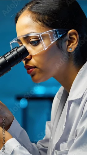 4K Close-Up of Scientist Examining Samples Under Microscope in Modern Laboratory, Conducting Research in Biotechnology, Medical Science, and Microbiology