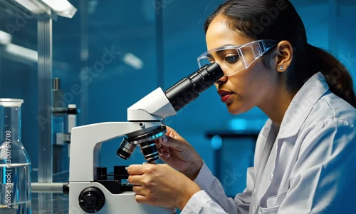 4K Close-Up of Scientist Examining Samples Under Microscope in Modern Laboratory, Conducting Research in Biotechnology, Medical Science, and Microbiology