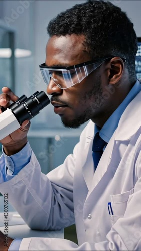 4K Close-Up of Scientist Examining Samples Under Microscope in Modern Laboratory, Conducting Research in Biotechnology, Medical Science, and Microbiology