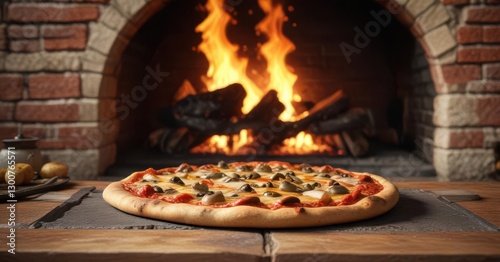A delicious hot pizza sitting on a brick hearth with an intense oven fire burning behind it ,  savory meal,  fresh food