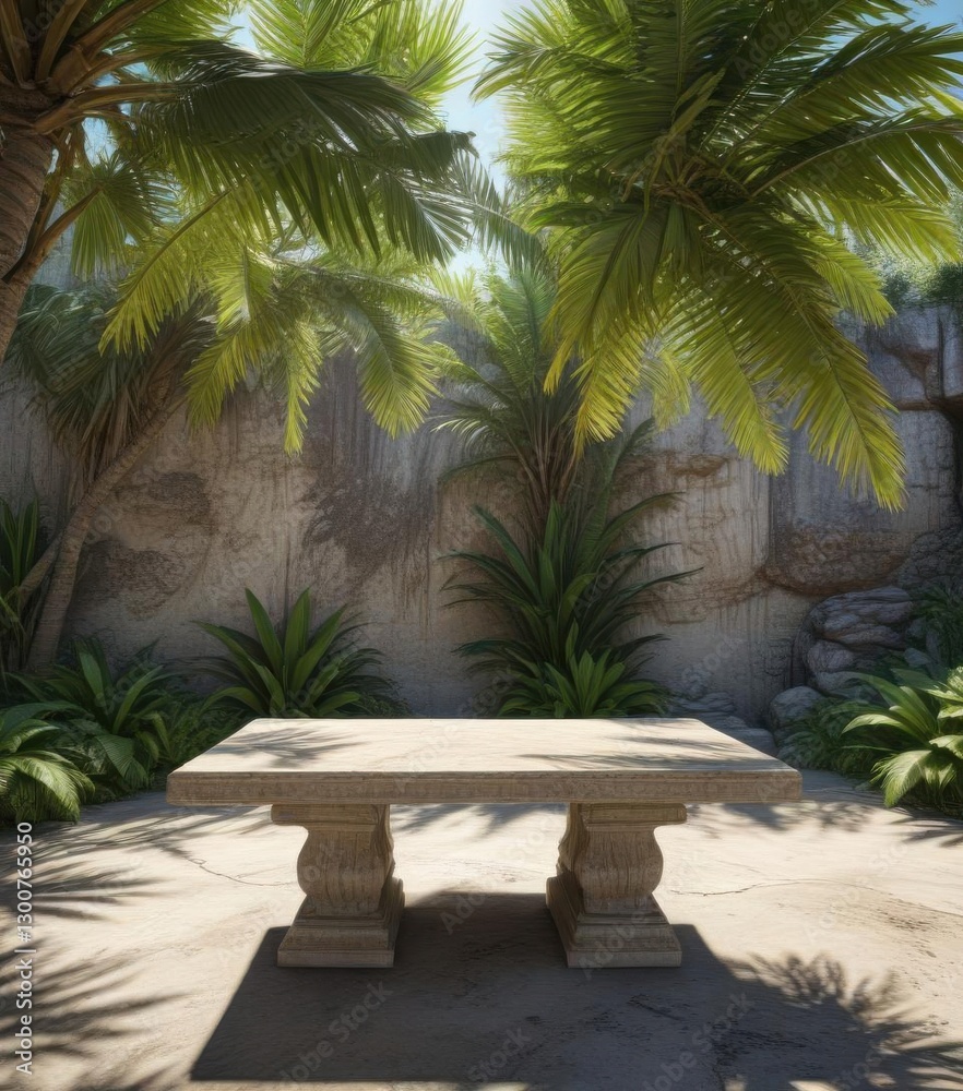 Fototapeta premium Palm fronds creating a canopy above a natural stone table, earthy, stone