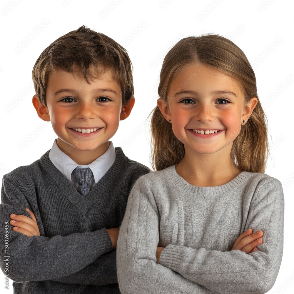 Children smiling with arms crossed in cozy knitwear isolated on transparent background, PNG Children smiling with arms crossed in cozy knitwear isolated on transparent background, PNG
