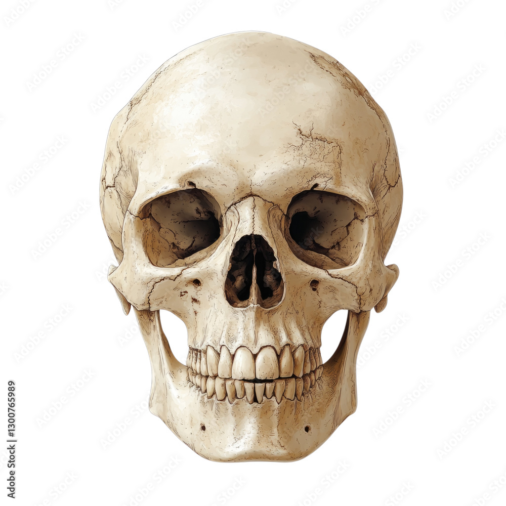 Obraz premium Human skull with detailed features and cracks isolated on transparent background, PNG