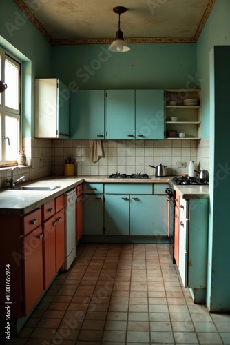 A dusty and unused kitchen with a defocused room backdrop, decor, tableware, unused