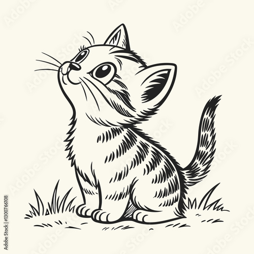 Illustration of a Small Kitten Sitting on the Ground with Large Eyes Looking Up, Detailed in a Black and White Drawing Style