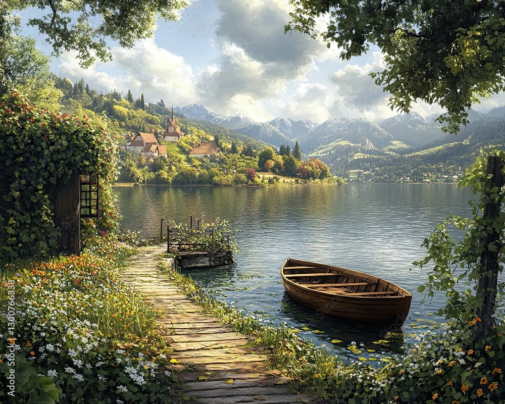 Fototapeta premium Tranquil mountain lake, scenic tranquil mountain lake reflecting the sky, peaceful tranquil mountain lake for nature lovers, Rustic garden featuring lush green vines