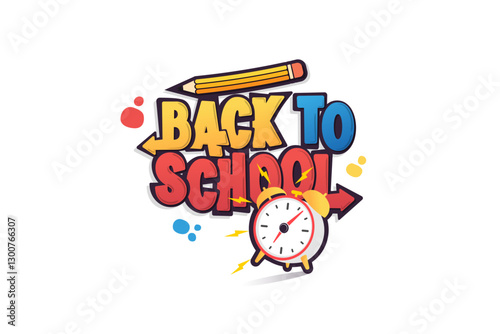 Back to school typography illustration with educational elements clock, pencil, on white background, back to school banner template, poster with kids alphabets logo