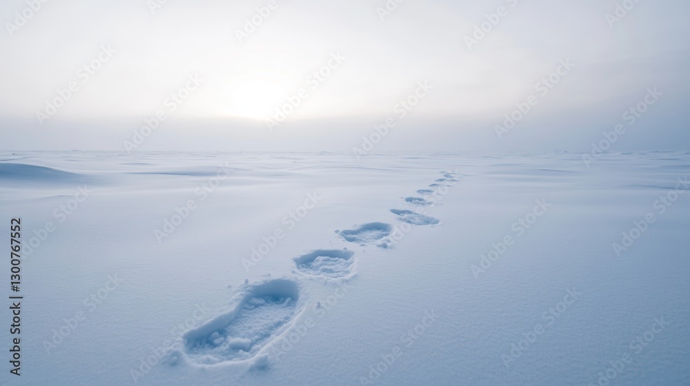 Footprints in vast snowy landscape leading to distant horizon at sunrise Footprints in vast snowy landscape leading to distant horizon at sunrise