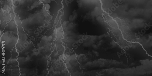 Thunder, lightnings and rain on a stormy summer night in black and white. Lightning bolts in the sky at night. 
