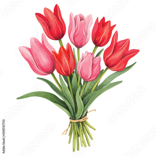 Bouquet of red and pink tulip watercolor illustration on white background