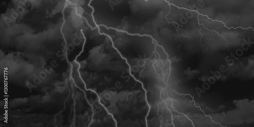 Thunder, lightnings and rain on a stormy summer night in black and white. Lightning bolts in the sky at night. 
