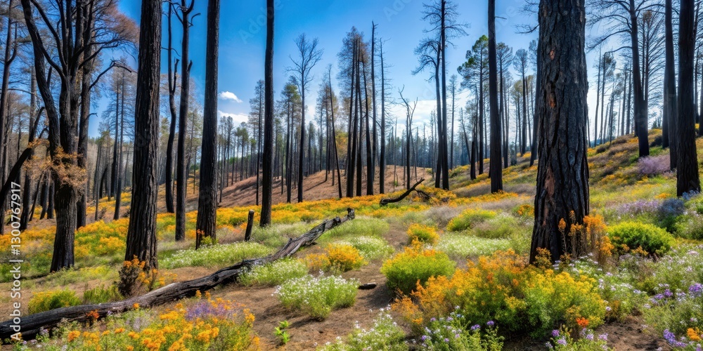 Fototapeta premium charred forest landscape with burned tree trunks and blackened underbrush amidst wildflowers, california, wildfire damage