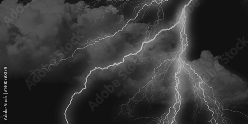 Thunder, lightnings and rain on a stormy summer night in black and white. Lightning bolts in the sky at night. 
