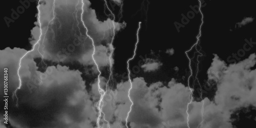 Thunder, lightnings and rain on a stormy summer night in black and white. Lightning bolts in the sky at night. 

