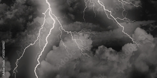 Thunder, lightnings and rain on a stormy summer night in black and white. Lightning bolts in the sky at night. 
