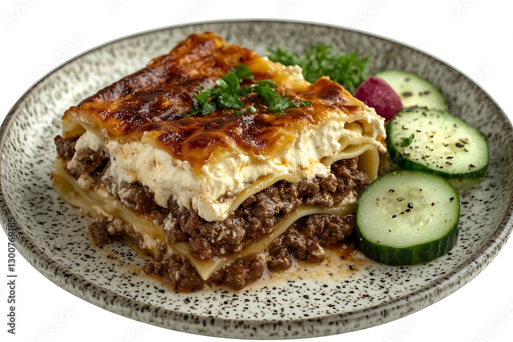 A delicious layered pasta dish served with fresh cucumber slices A delicious layered pasta dish served with fresh cucumber slices