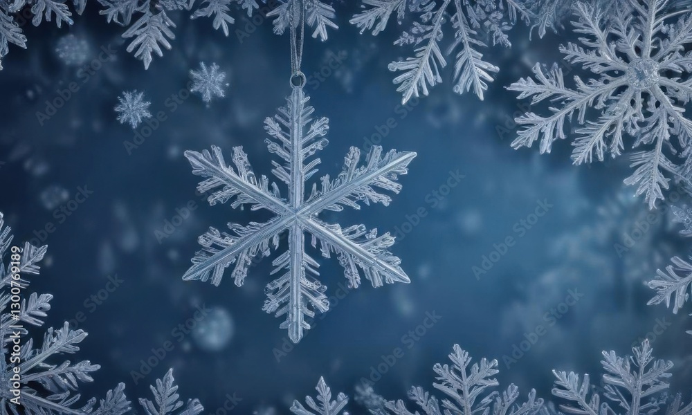 Blue background Christmas ornament with snowflake pattern and ice crystals, ornament, glacial, decorations Blue background Christmas ornament with snowflake pattern and ice crystals, ornament, glacial, decorations