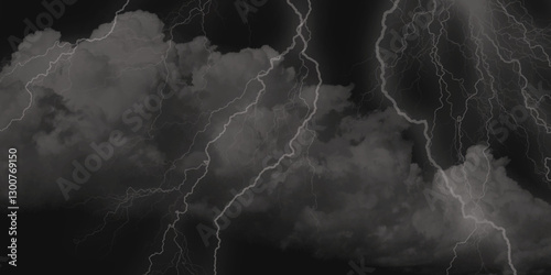 Thunder, lightnings and rain on a stormy summer night in black and white. Lightning bolts in the sky at night. 
