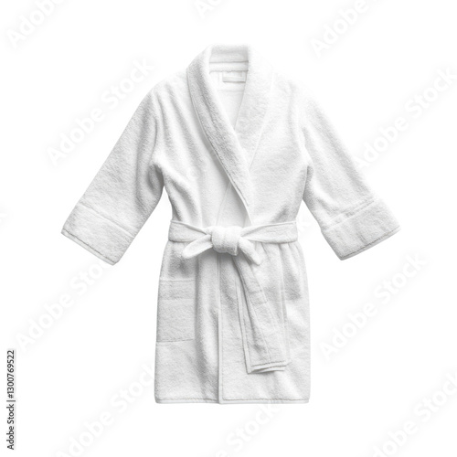 Soft white bathrobe with belt tied at the waist isolated on transparent background, PNG