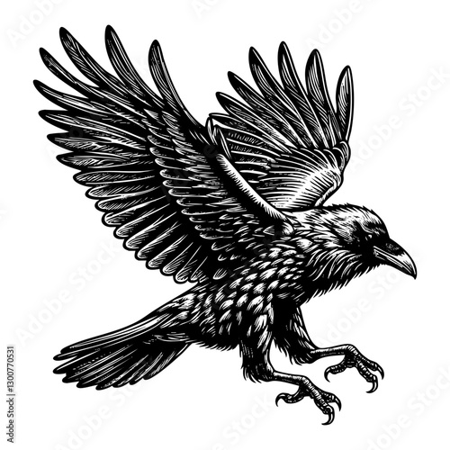 Crow flying sketch engraving black and white outline. Scratch board imitation.  illustrated in vintage line art style on a white background.
