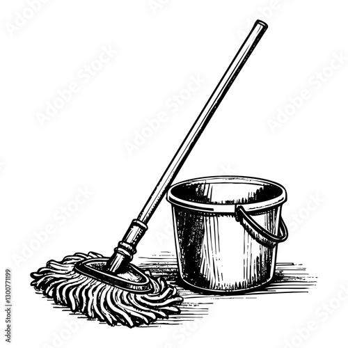 Mop and bucket sketch engraving black and white outline. Scratch board imitation.  illustrated in vintage line art style on a white background.