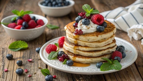 Fluffy vegan protein pancakes stacked high and topped with fresh mixed berries, coconut yogurt, and a drizzle of maple syrup