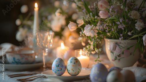 An elegant Easter table with hand-painted eggs, sparkling candles, and a fresh arrangement of spring flowers, ideal for a sophisticated holiday gathering. photo