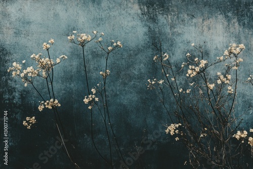 Dried flowers against a textured blue wall.