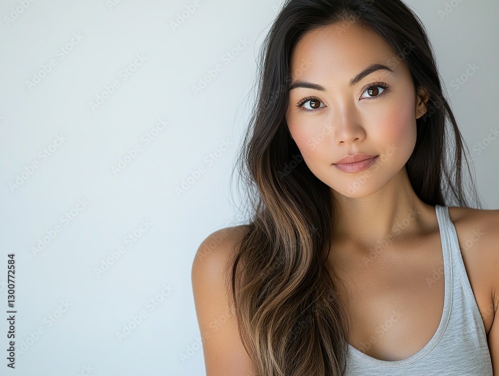 Elegant Asian woman with long hair, high nose bridge, and large eyes in light gray tank top, showcasing calm and confident expression under studio lighting. Delicate makeup highlights facial features. Elegant Asian woman with long hair, high nose bridge, and large eyes in light gray tank top, showcasing calm and confident expression under studio lighting. Delicate makeup highlights facial features.