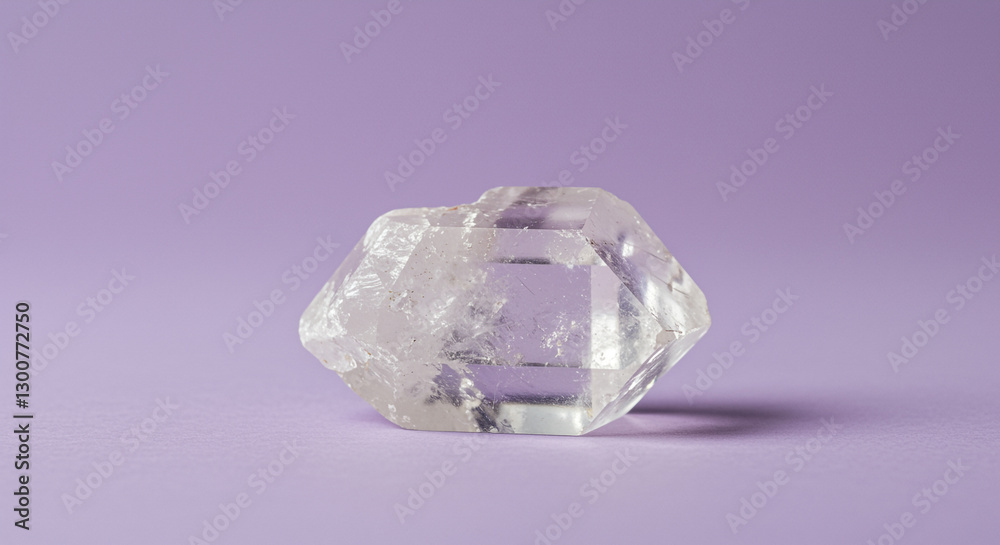 Raw transparent crystal gemstone on soft purple background Raw transparent crystal gemstone on soft purple background