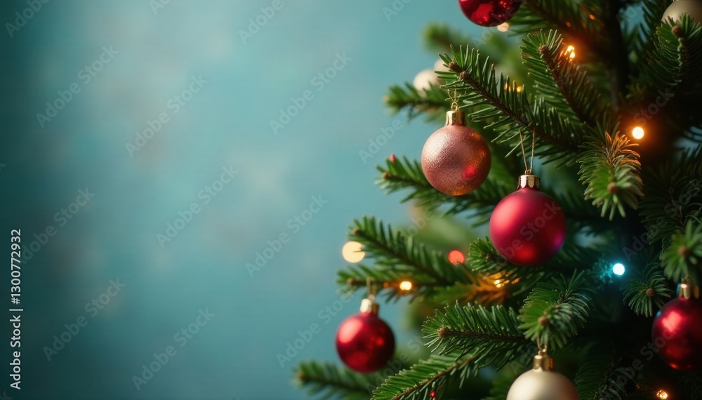 Decorated Christmas tree with ornaments and lights hanging from the branches, Hanging, Christmas Decorated Christmas tree with ornaments and lights hanging from the branches, Hanging, Christmas
