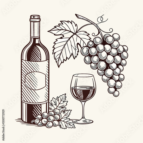 Wine Bottle, Filled Wine Glass, and Grape Cluster Vector Illustration Representing Wine Production and Enjoyment