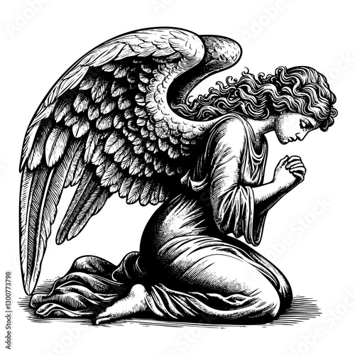 woman angel kneeling sketch engraving black and white outline. Scratch board imitation.  illustrated in vintage line art style on a white background.

